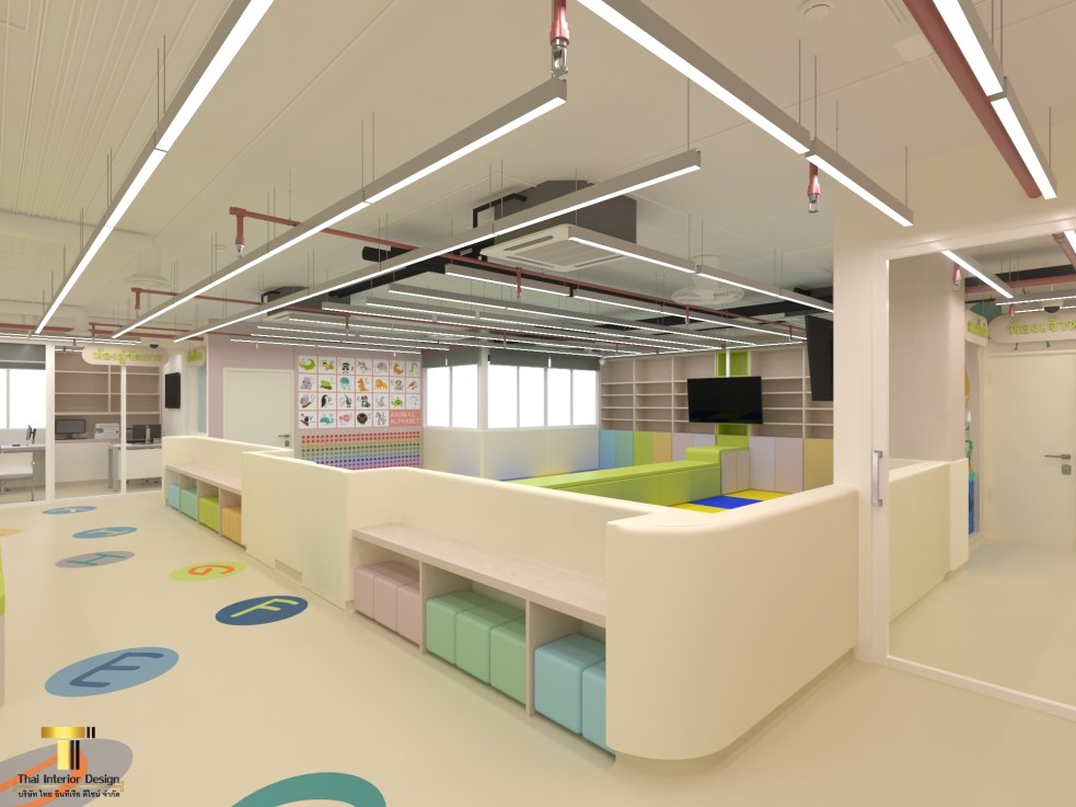 งานออกแบบตกแต่งภายในDay Care โรงพยาบาลรามาธิบดี บริษัทรับออกแบบและตกแต่งภายในแบบครบวงจรกรุงเทพมหานครและปริมณฑล และรับงานทั่วประเทศไทย Interior design project for a Day Care facility at Ramathibodi Hospital. A full-service interior design and decoration company serving Bangkok and surrounding areas, and accepting projects throughout Thailand. 拉瑪提波迪醫院日間照顧中心室內設計工程。 我們是一家提供全方位服務的室內設計及裝飾公司，服務範圍涵蓋曼谷及週邊地區，並承接泰國全境的專案。